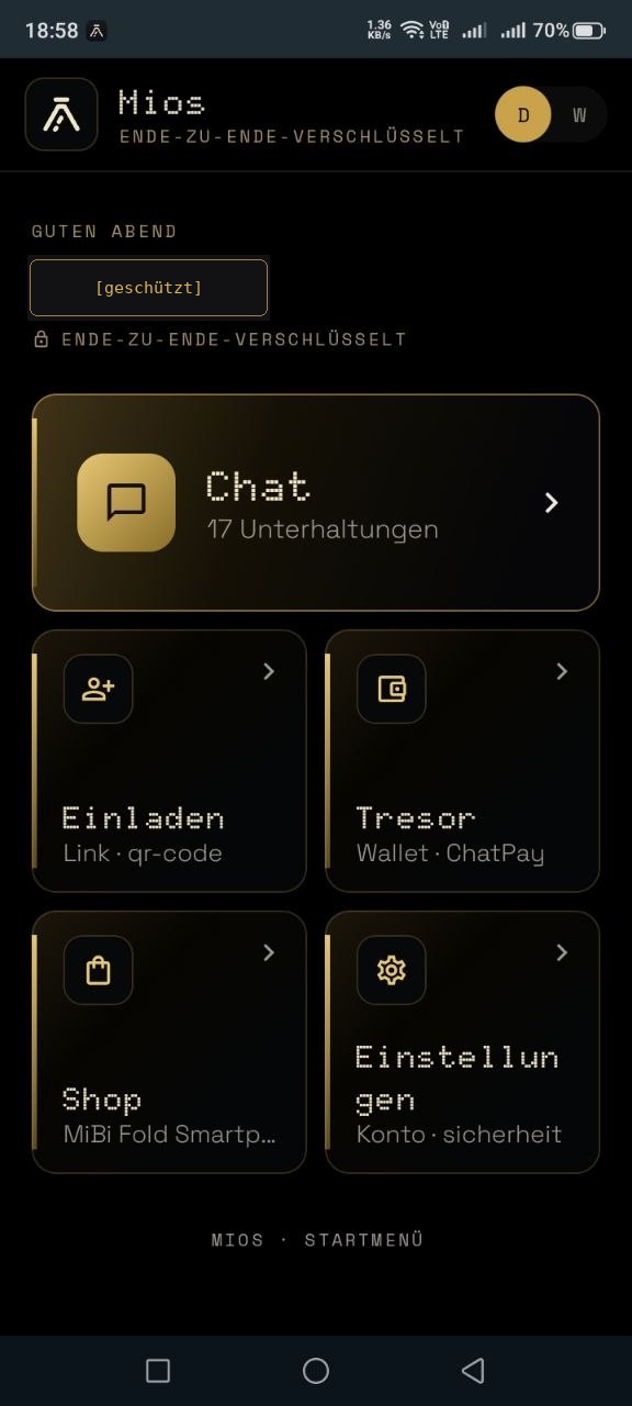 Anonymisierte MIOS-App mit Chat, Einladen, Tresor, Shop und Einstellungen